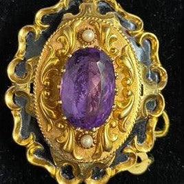 Antique Amethyst, Seed Pearl and Black Enamel Mourning Brooch