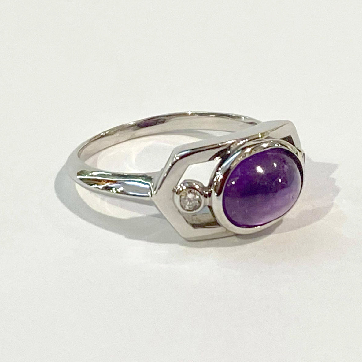 9ct White Gold Cabochon Amethyst and Diamond Dress Ring