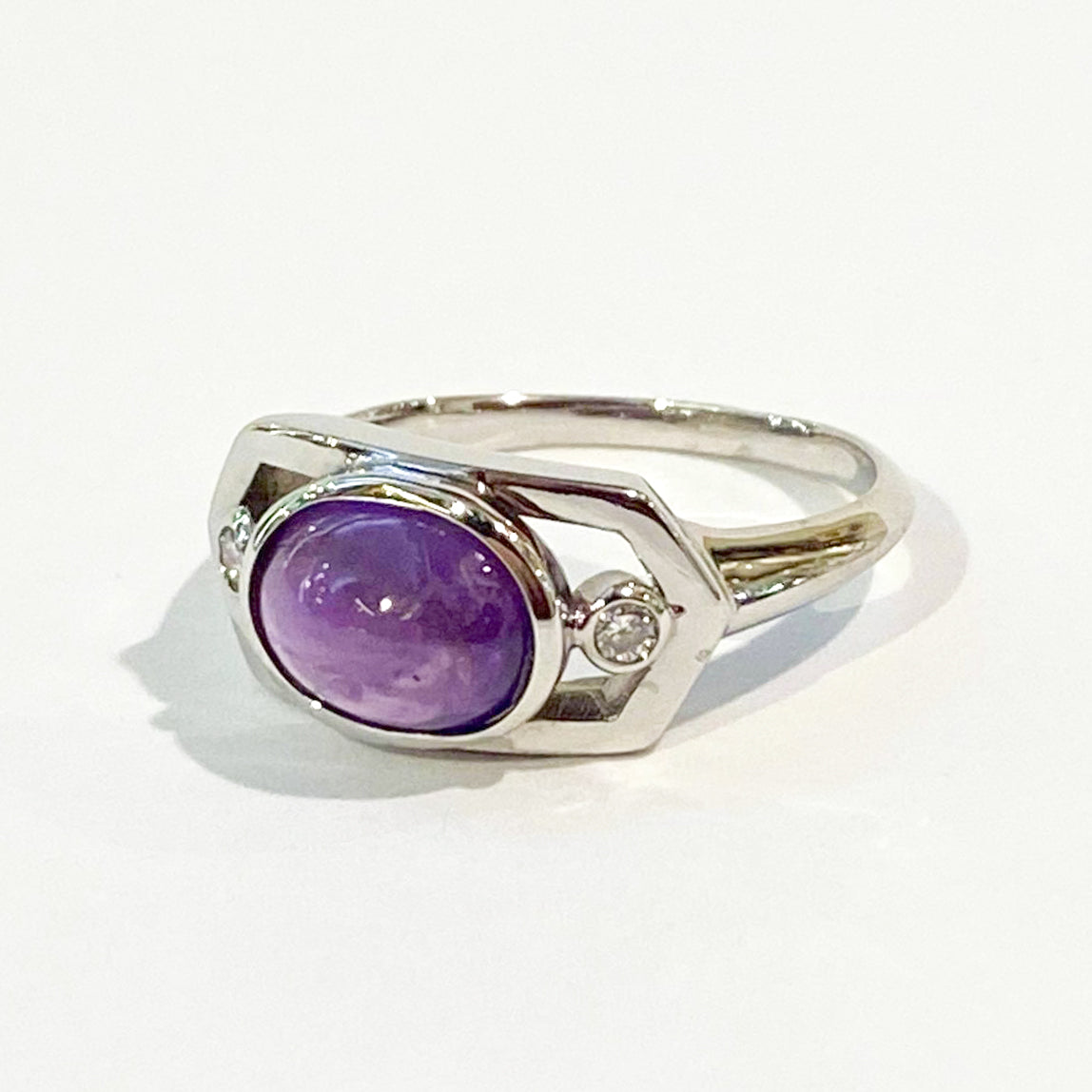 9ct White Gold Cabochon Amethyst and Diamond Dress Ring