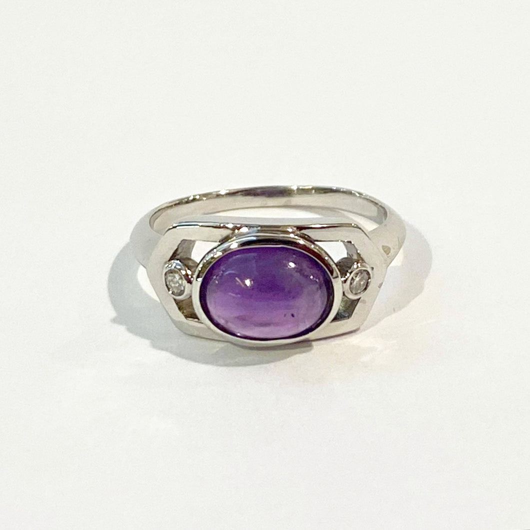 9ct White Gold Cabochon Amethyst and Diamond Dress Ring