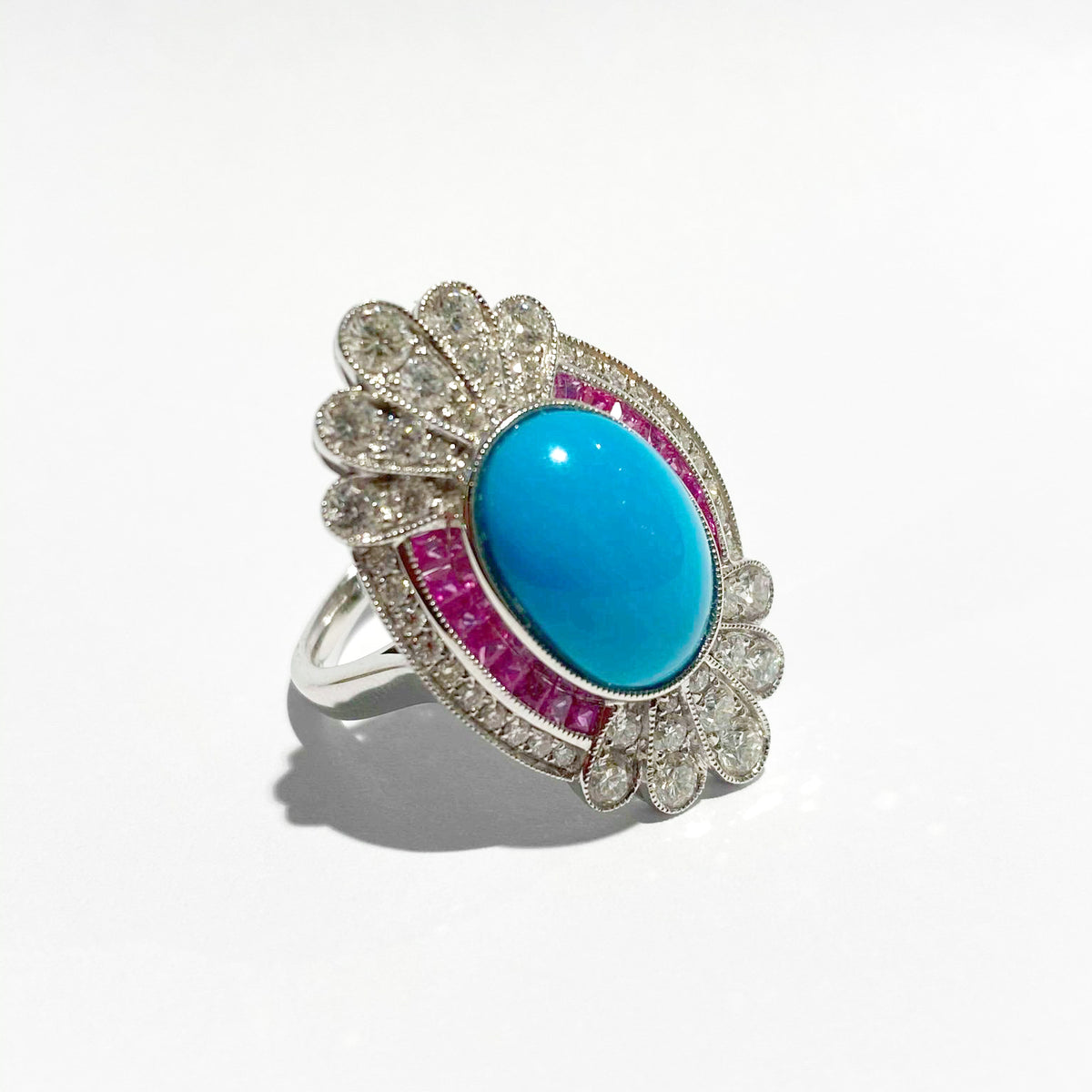 Sleeping Beauty Turquoise, Pink Sapphire and Diamond Ring