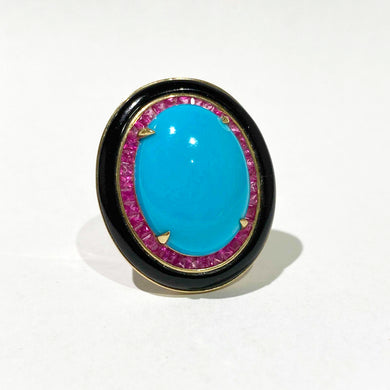 Sleeping Beauty Turquoise, Pink Sapphire and Onyx Ring