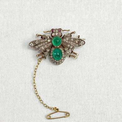 Antique Emerald, Ruby and Old Cut Diamond Bee Brooch