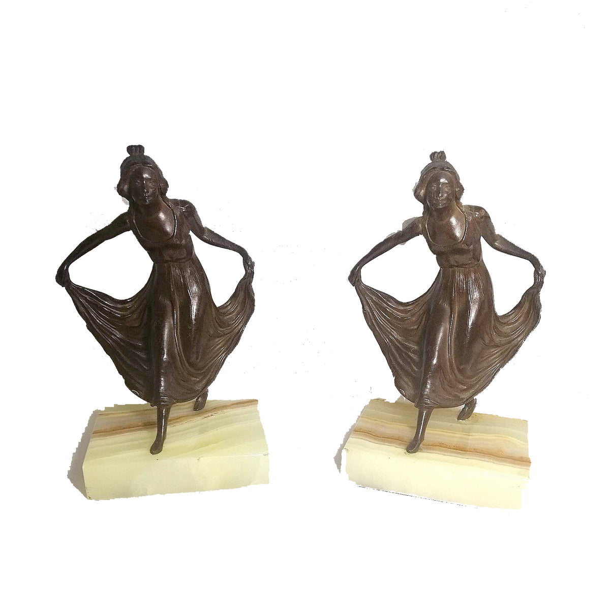 Antique Twin Bronze Curtseying Girl Statues