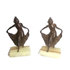 Antique Twin Bronze Curtseying Girl Statues