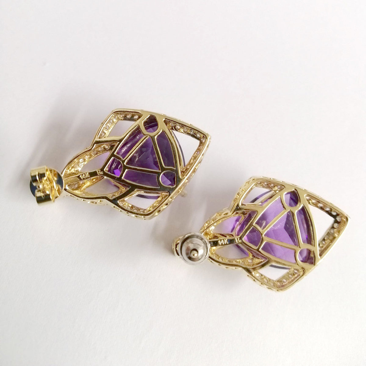 Vintage Trillion Cut Amethyst and Diamond Earrings