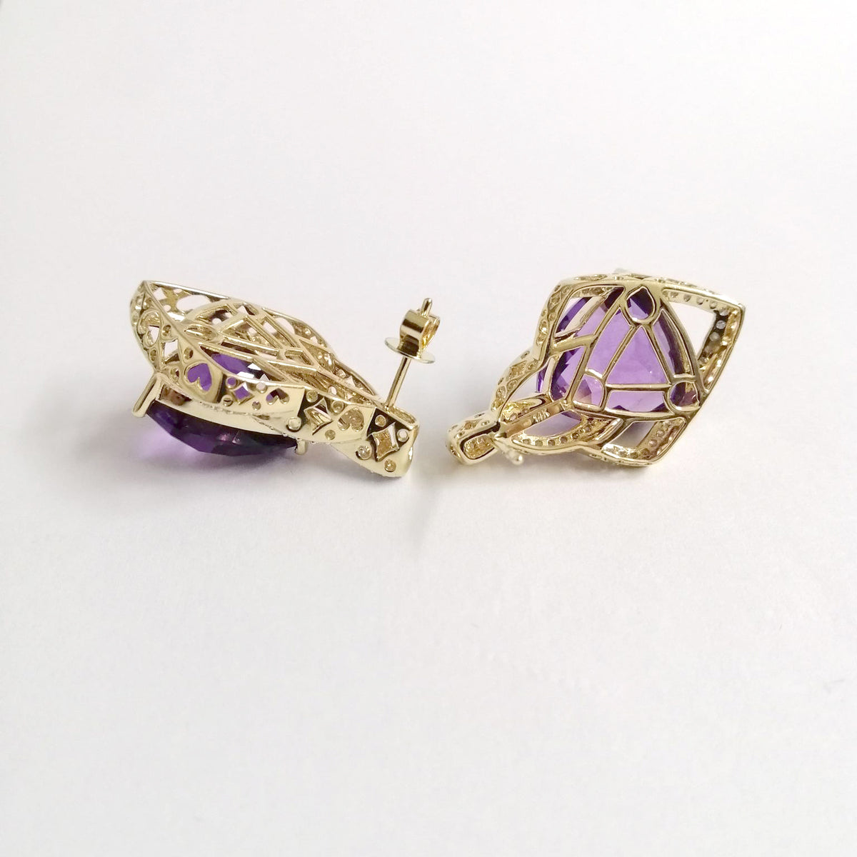 Vintage Trillion Cut Amethyst and Diamond Earrings