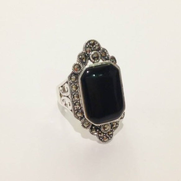 Cabochon Black Onyx and Marcasite Ring