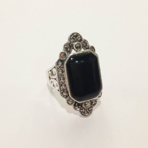 Cabochon Black Onyx and Marcasite Ring