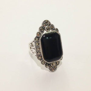 Cabochon Black Onyx and Marcasite Ring