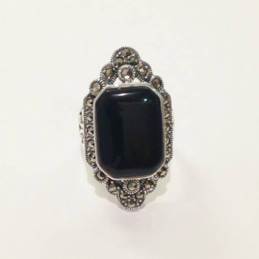 Cabochon Black Onyx and Marcasite Ring
