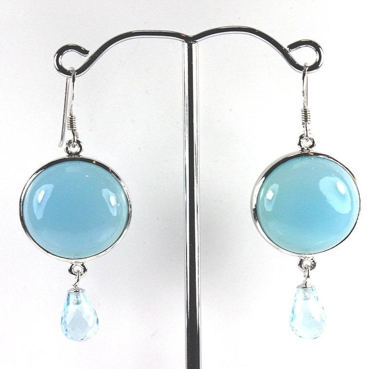 Sterling Silver Blue Chalcedony Cabochon With Faceted Topaz Drop Earrings