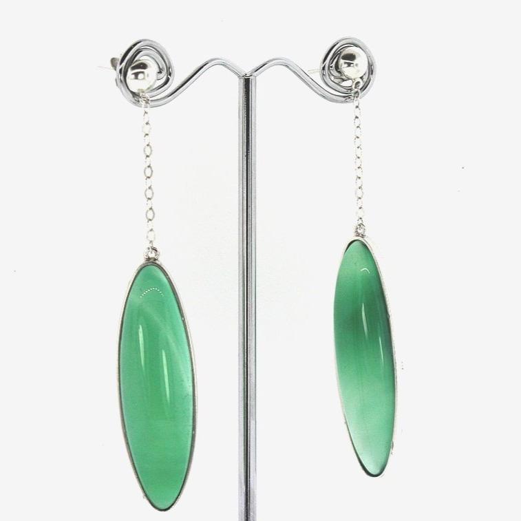 Sterling Silver Green Onyx Stud Chain Drop Earrings