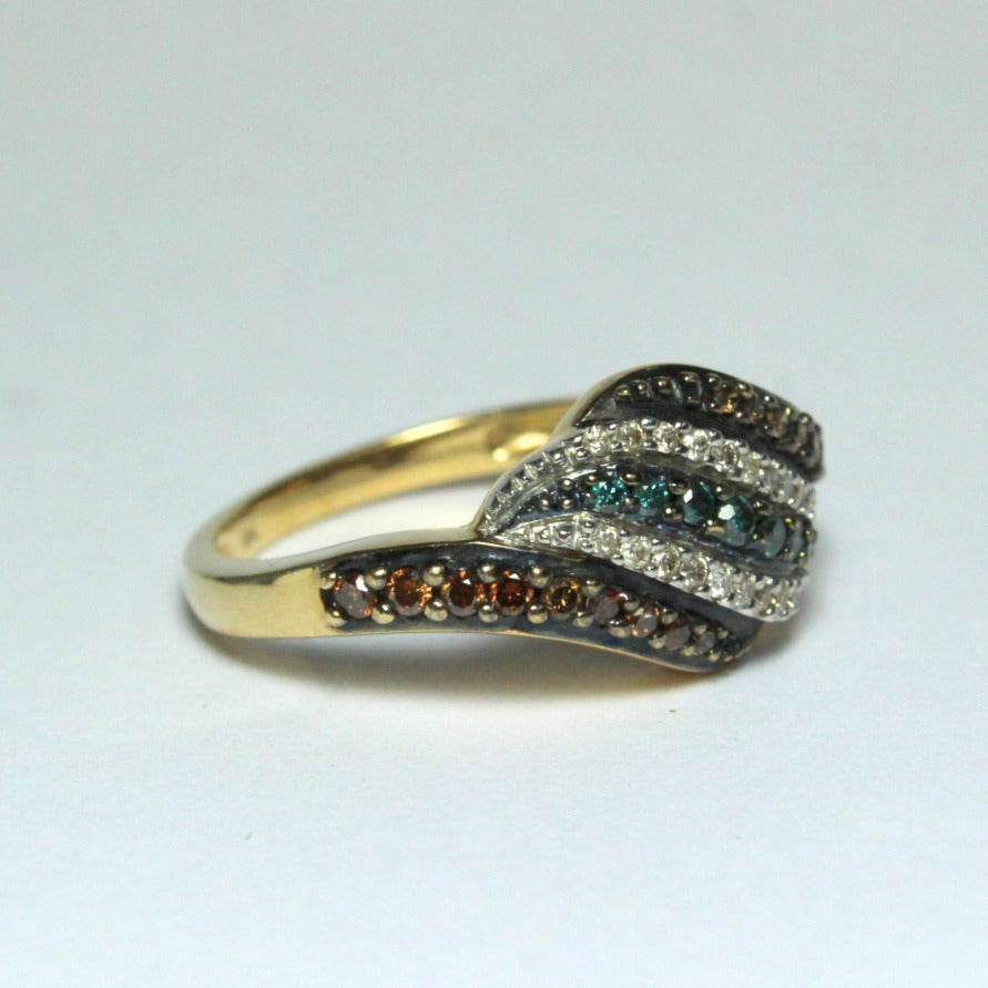 9ct Yellow Gold Blue, Congac and White Diamond Dress Ring