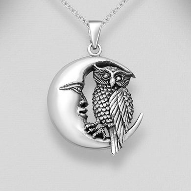 Sterling Silver Crescent Moon and Owl Pendant