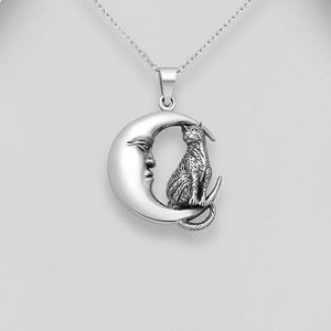 Sterling Silver Crescent Moon and Cat Pendant