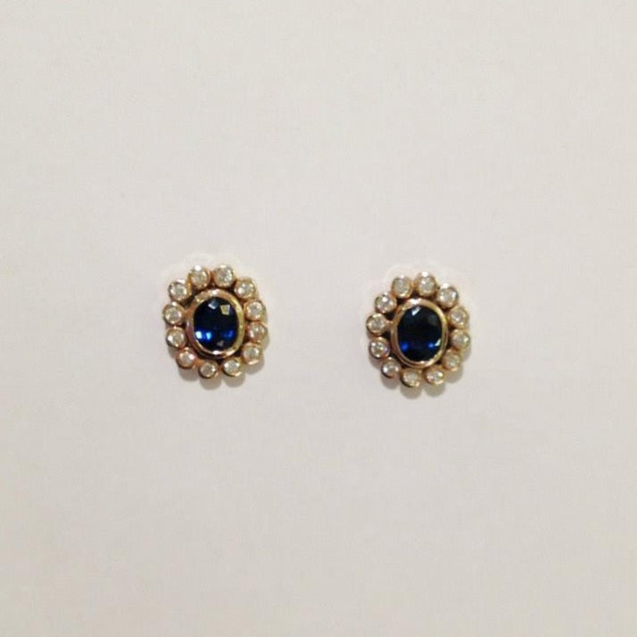 18ct Yellow Gold Royal Blue Sapphire and Diamond Stud Earrings