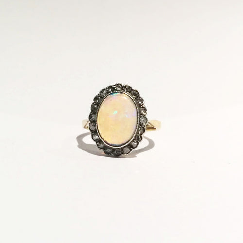 Antique Solid Opal and Old Cut Diamond Ring