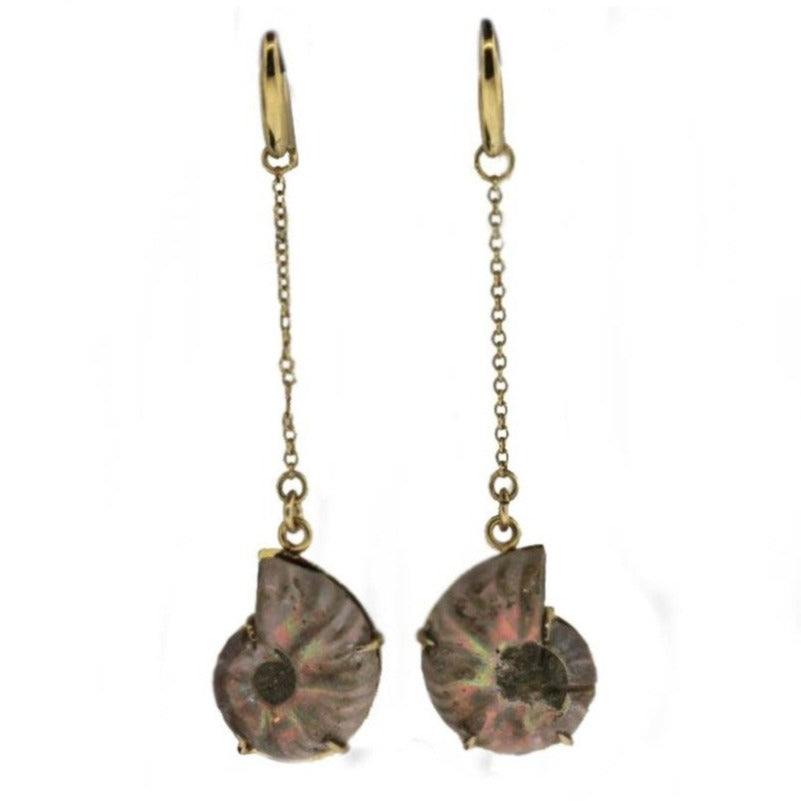 9ct Yellow Gold Ammonite Fossil Drop Earrings
