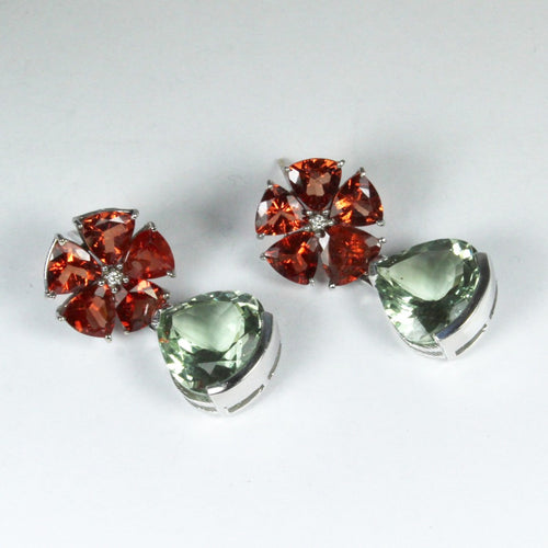 Red Andesine, Green Citrine and Diamond Earrings