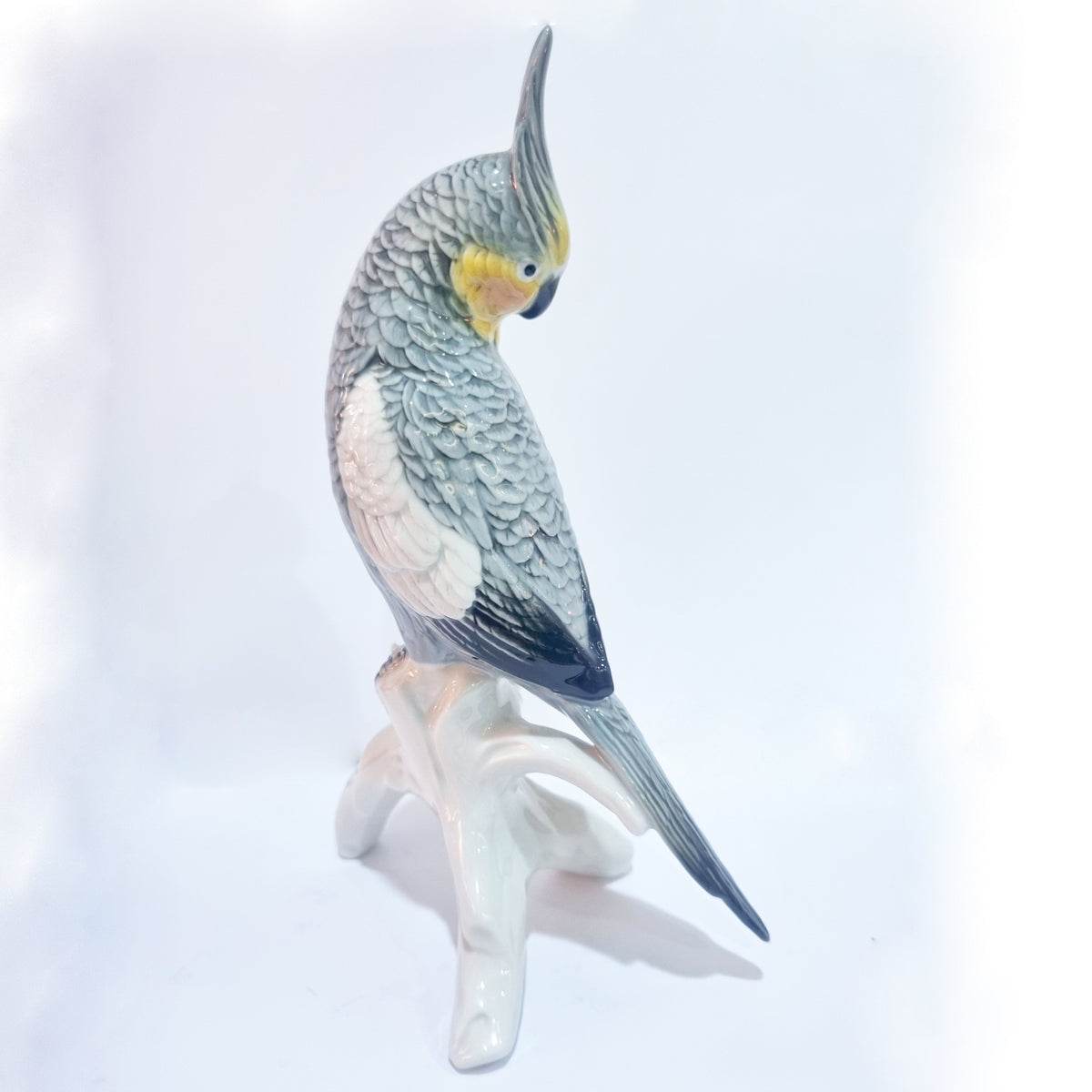 Antique Grey and Yellow Cockatiel Porcelain Figurine