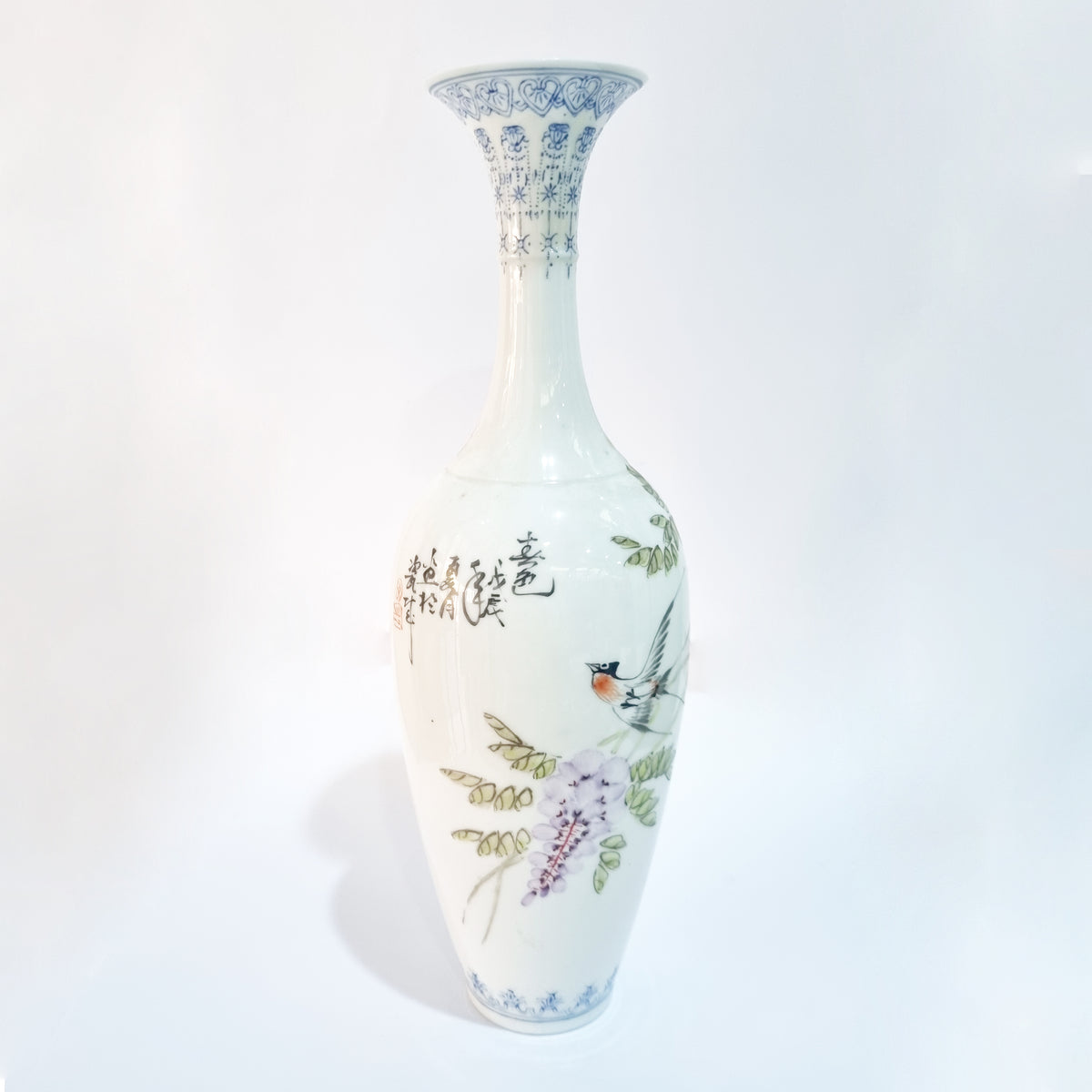 Antique Chinese Eggshell Porcelain Wisteria and Wren Vase