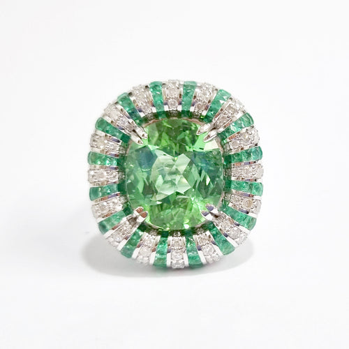 Green Tourmaline, Emerald and Diamond Ring