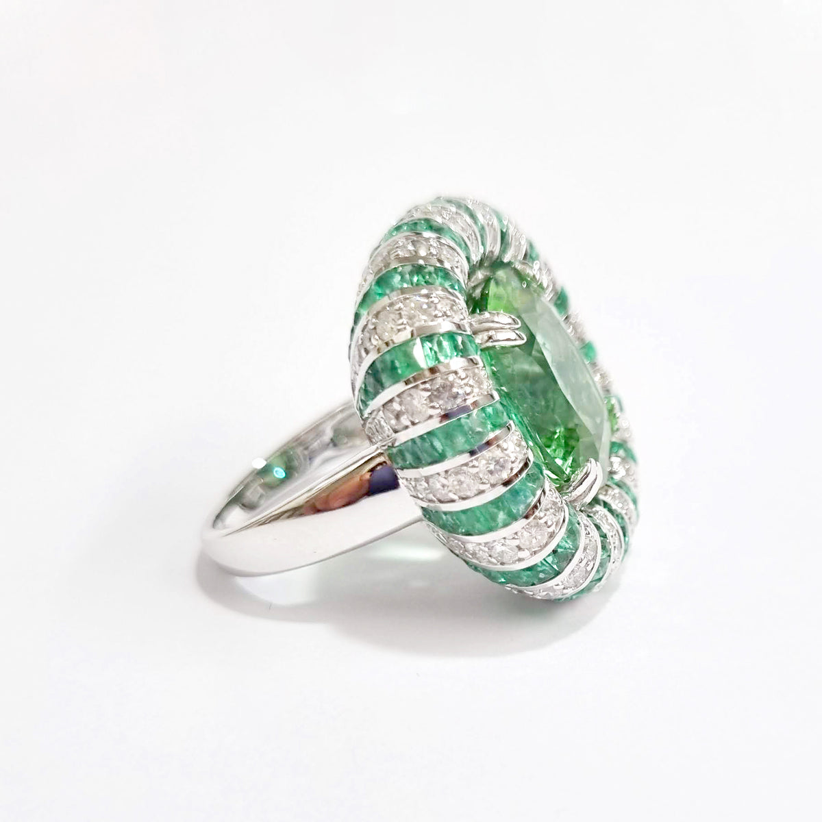 Green Tourmaline, Emerald and Diamond Ring