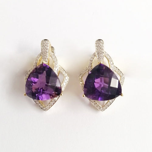 Vintage Trillion Cut Amethyst and Diamond Earrings