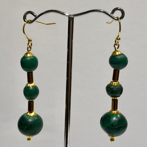 Malachite Three-Bead Drop Earrings Sterling Silver Gold-Plated