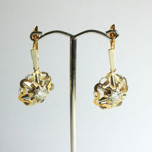 Vintage 9ct Yellow Gold Decorated Diamond Drop Earrings