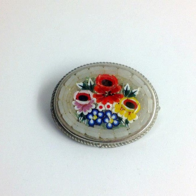 White Floral Micro Mosaic Brooch