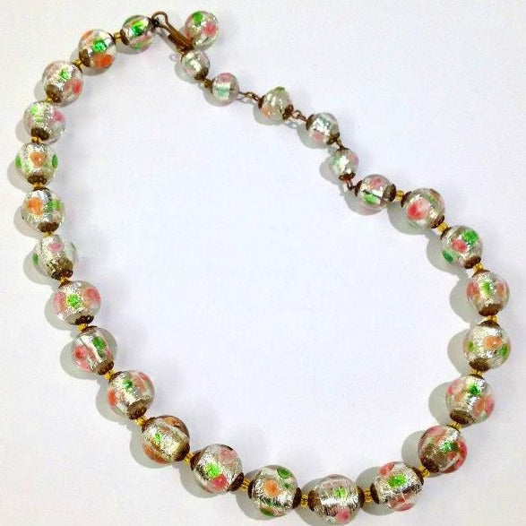 Antique Green and Pink Murano Glass Bead Necklace
