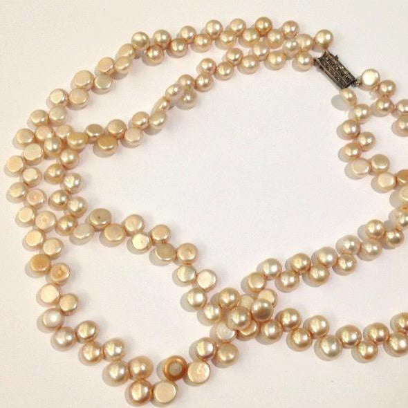 Natural Button Freshwater Pearls in Cream/Pink Strung on Silk