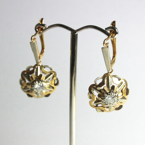 Vintage 9ct Yellow Gold Decorated Diamond Drop Earrings