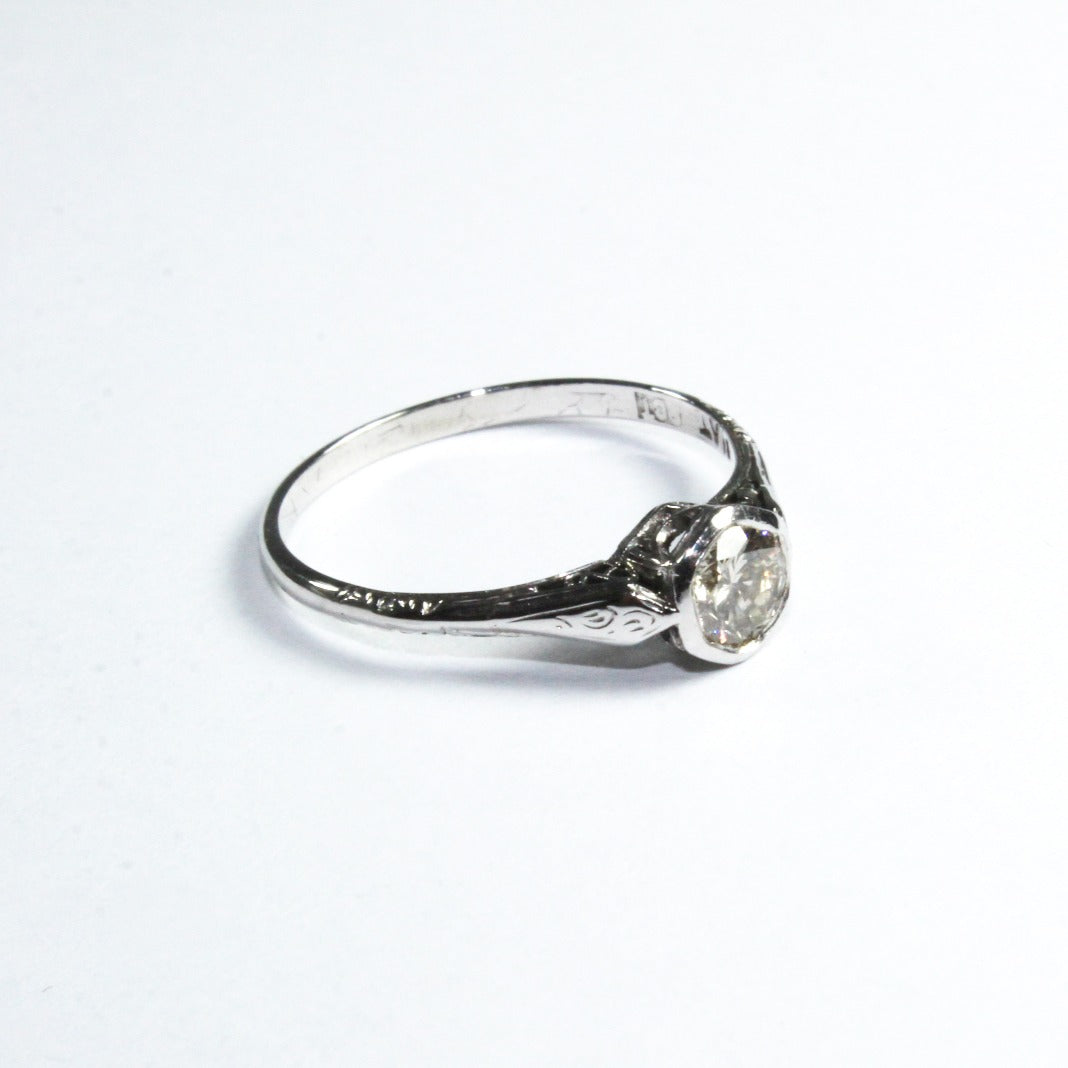 Antique White Gold and Platinum Engraved Diamond Engagement Ring