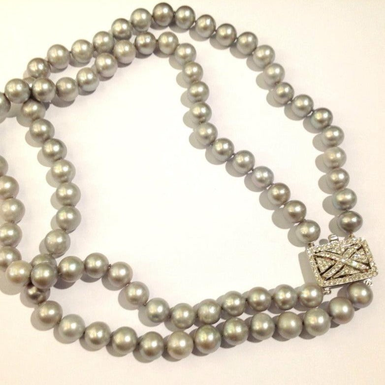 Double Strand Grey Rice Cultured Pearl Deco Necklace