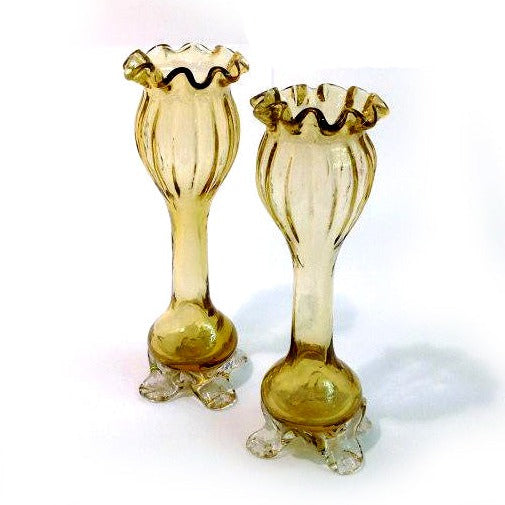 Victorian Green Fluted and Footed Bud Vases