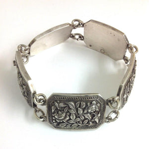 Sterling Silver Chinese Floral Dragon Panel Bracelet