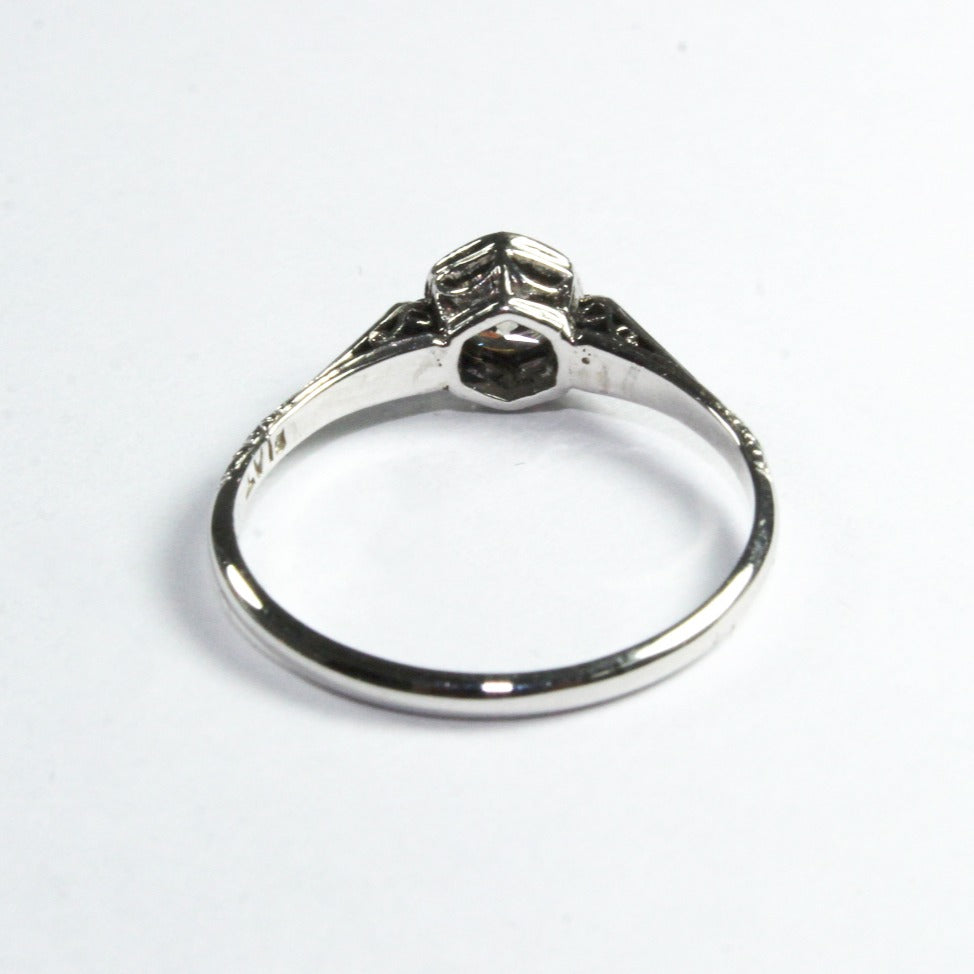 Antique White Gold and Platinum Engraved Diamond Engagement Ring