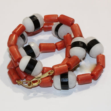White Agate, Black Onyx and Sponge Coral Beaded Necklace