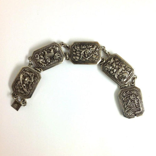 Sterling Silver Chinese Floral Dragon Panel Bracelet