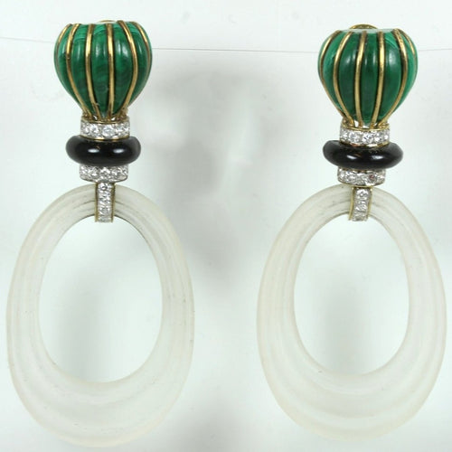 Malachite, Onyx, Diamond and Rock Crystal Clip On Earrings