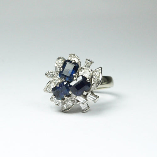 Vintage 18ct White Gold Sapphire and Diamond Floral Cocktail Ring