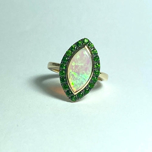 9ct Yellow Gold Semi Black Opal and Diopside Dress Ring