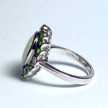 9ct White Gold Solid Opal, Diopside and Diamond Dress Ring