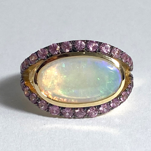 9ct Gold Solid Opal, Purple Sapphire and Diamond Ring