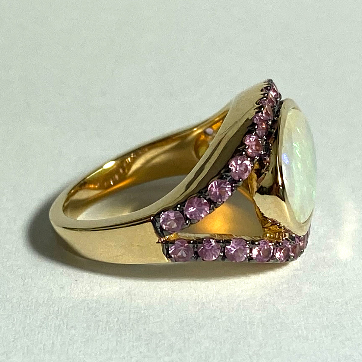 9ct Gold Solid Opal, Purple Sapphire and Diamond Ring