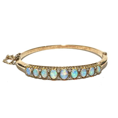 Antique Yellow Gold Solid Opal and Old Cut Diamond Bangle