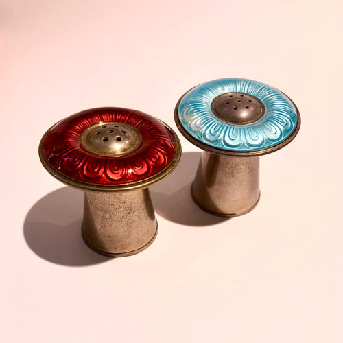 Vintage Sterling Silver Enamel Toadstool Salt and Pepper Shakers